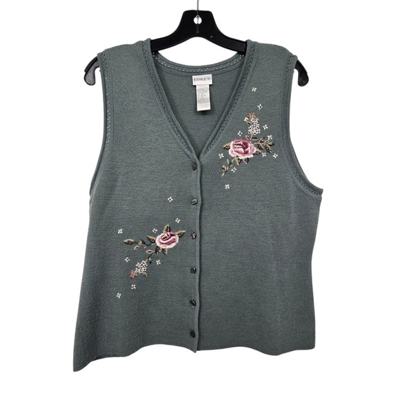 Koret Sweaters - Vintage 90s Koret Floral Embroidert Sweater Vest Women M Green Pink Boho Cottage